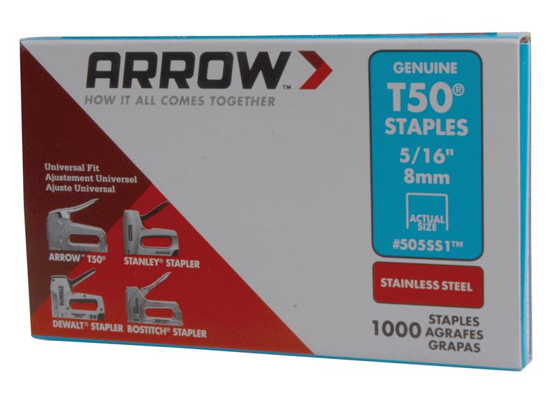 ARRT50516SS - T50 Staples Stainless Steel 505SS 8mm ( 5/16in) Box 1000