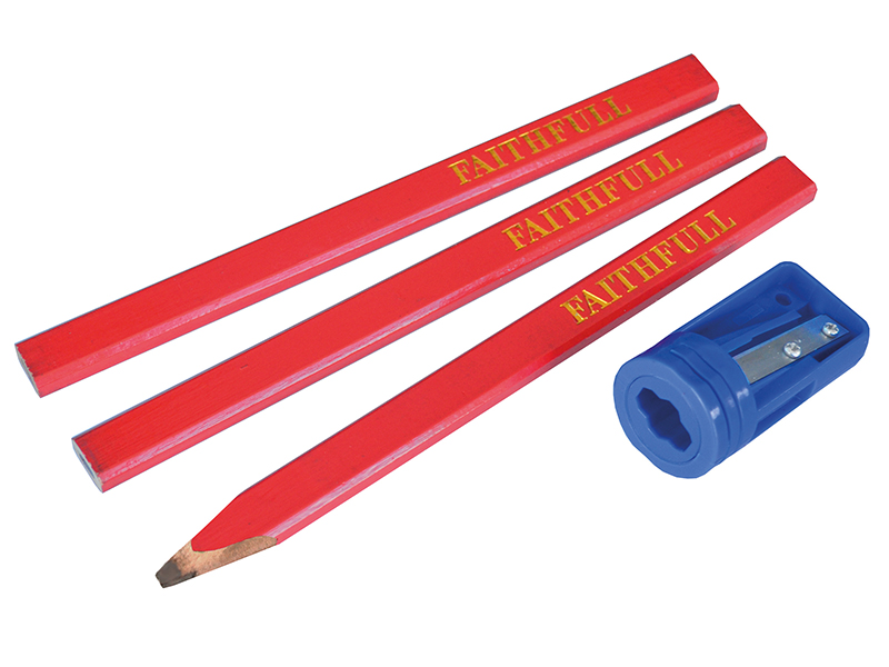 FAICPSHARP - Carpenter's Pencils Red (Pack 3 + Sharpener)