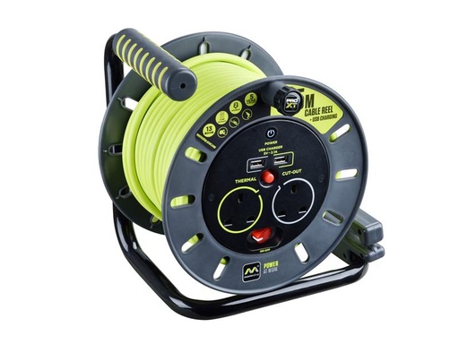 [HIS-183092] MSTOMU25132 - PRO-XT Open Cable Reel 240V 13A 2-Socket & 2 USB 2.1A Shared 25m