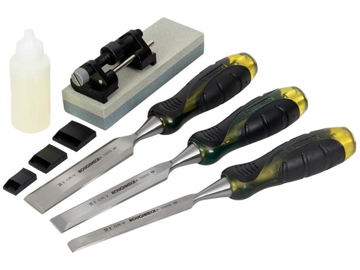 [HIS-186216] ROU30165 - Professional Bevel Edge Chisel Set 3 Piece + Sharpening Kit 13 19 & 25mm