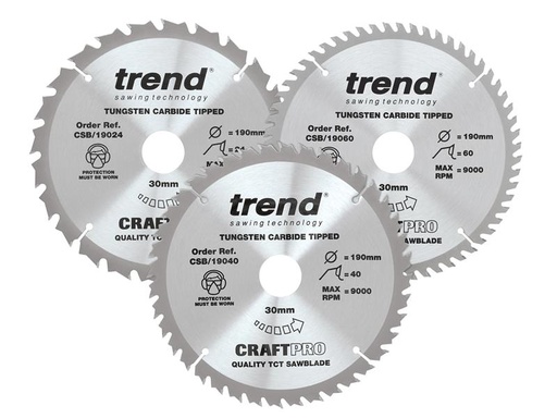 [HIS-191465] TRECSB190P3 - CraftPro Saw Blade 190 x 30mm x 24T/40T/60T (Pack 3)