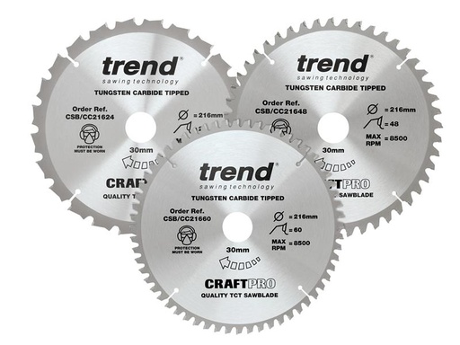 [HIS-191466] TRECSB216P3 - CraftPro Mitre Saw Blade 216 x 30mm x 24T/48T/60T (Pack 3)