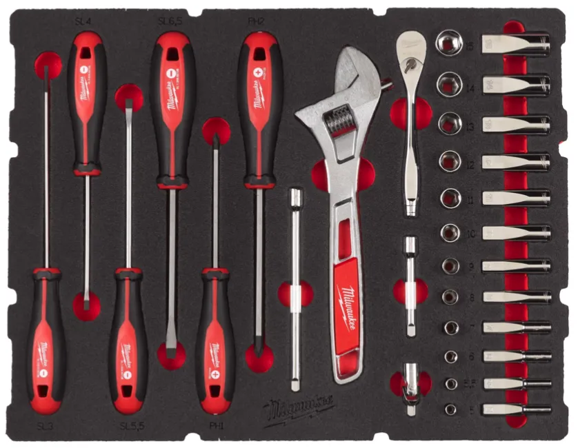Milwaukee 4932480717 35pc 1/4" Drive Ratchet, Socket, S/Driver Wrench Pacout Foam Insert Set