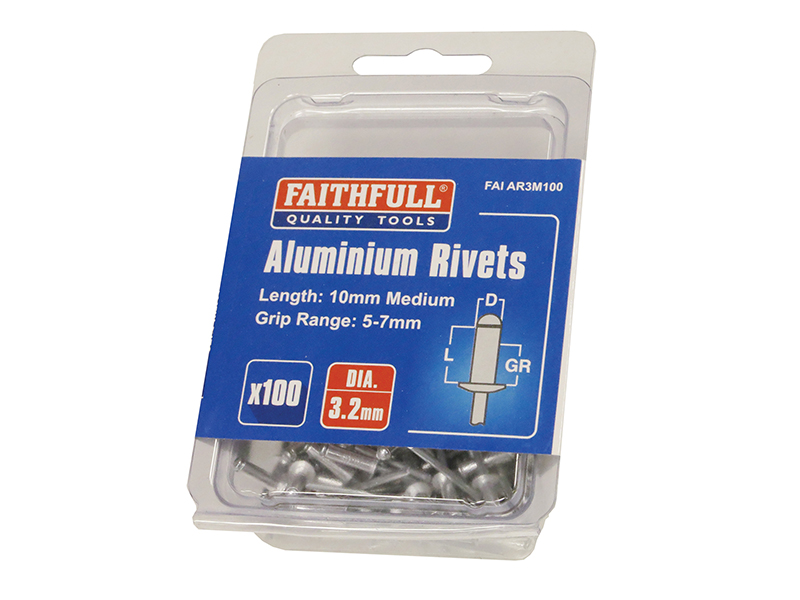 FAIAR3M100 - Aluminium Rivets 3.2 x 10mm Medium Pre-Pack of 100
