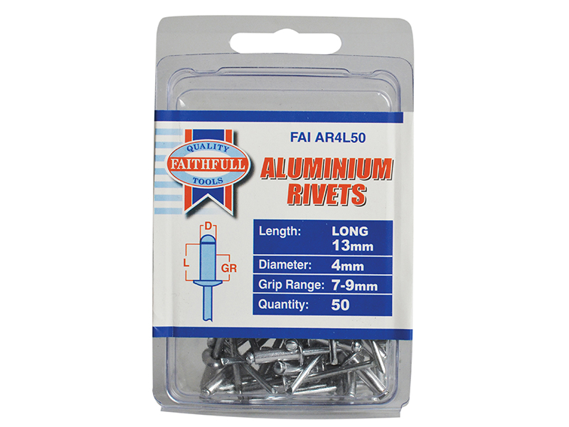 FAIAR4L50 - Aluminium Rivets 4 x 13mm Long Pre-Pack of 50
