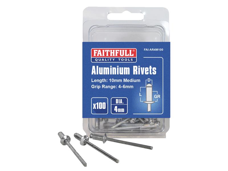 FAIAR4M100 - Aluminium Rivets 4 x 10mm Medium Pre-Pack of 100