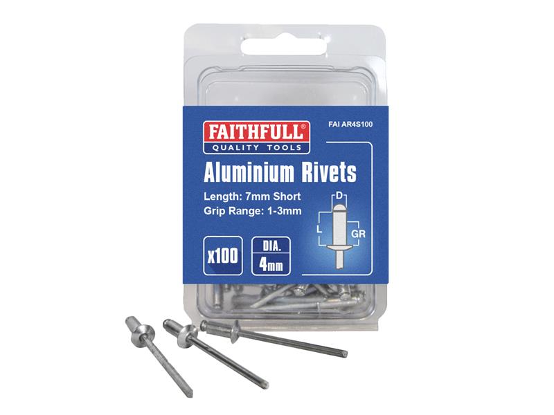 FAIAR4S100 - Aluminium Rivets 4 x 7mm Short Pre-Pack of 100