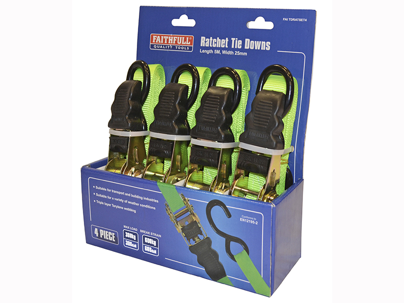 FAITDRATSET4 - Ratchet Tie-Downs 5m x 25mm Green 4 Piece