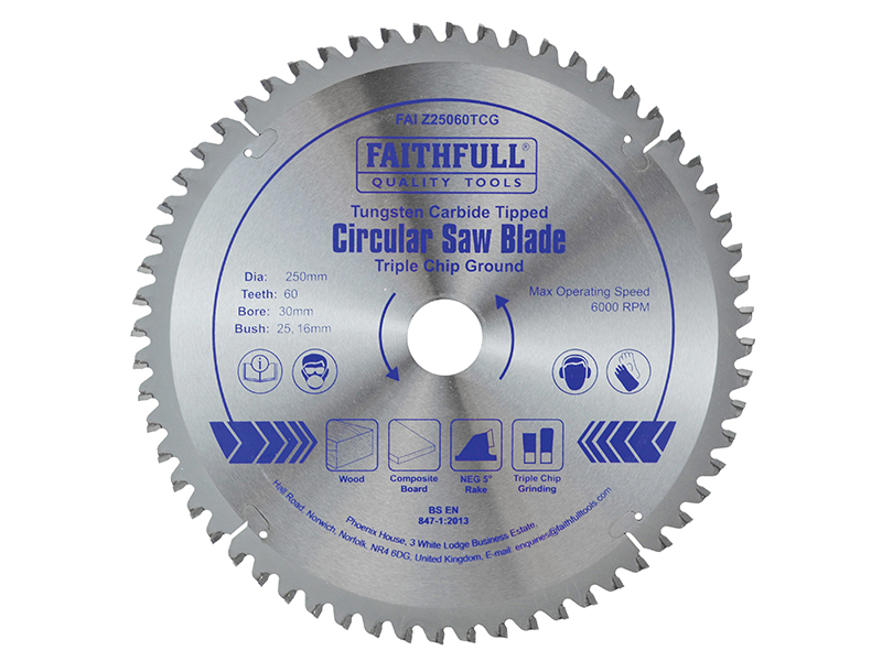 FAIZ25060TCG - TCT Circular Saw Blade Triple Chip Ground 250 x 30mm x 60T NEG