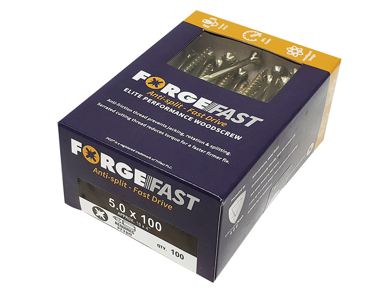 FORFFP5100Y - ForgeFast Pozi Compatible Elite Performance Wood Screw ZY 5.0 x 100mm Box 100