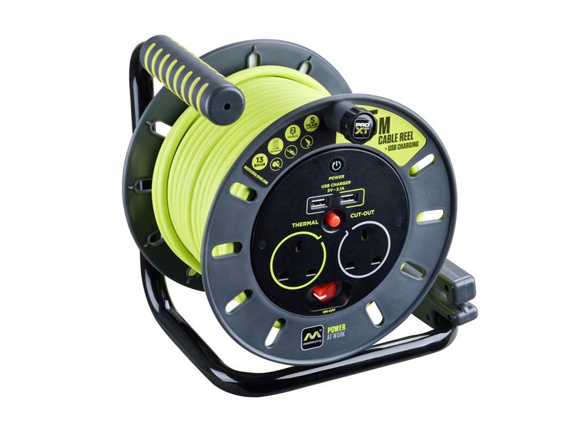 PRO-XT Open Cable Reel 240V 13A 2-Socket & 2 USB 2.1A Shared 25m