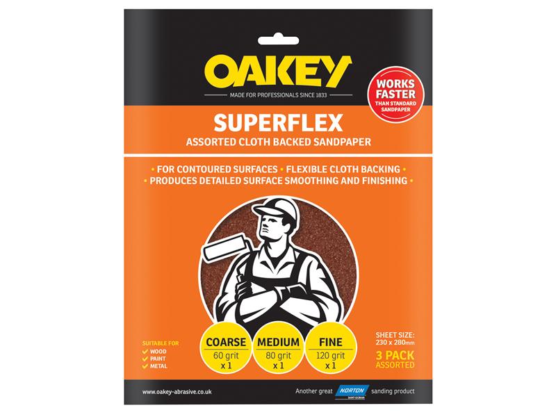 OAK26734 - Superflex Cloth Backed Aluminium Oxide Sheets 230 x 280mm Assorted (3)