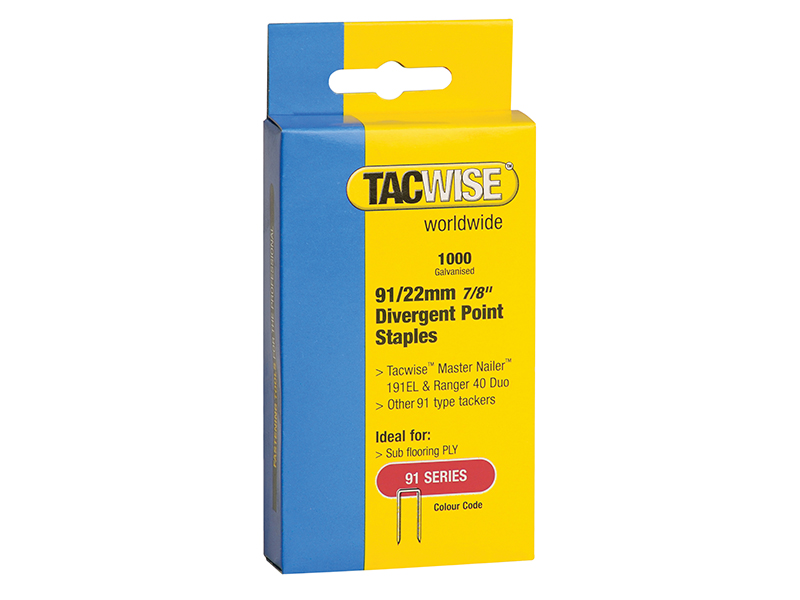 91 Narrow Crown Divergent Point Staples 22mm - Electric Tackers Pack 1000
