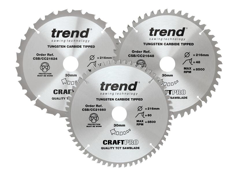 TRECSB216P3 - CraftPro Mitre Saw Blade 216 x 30mm x 24T/48T/60T (Pack 3)