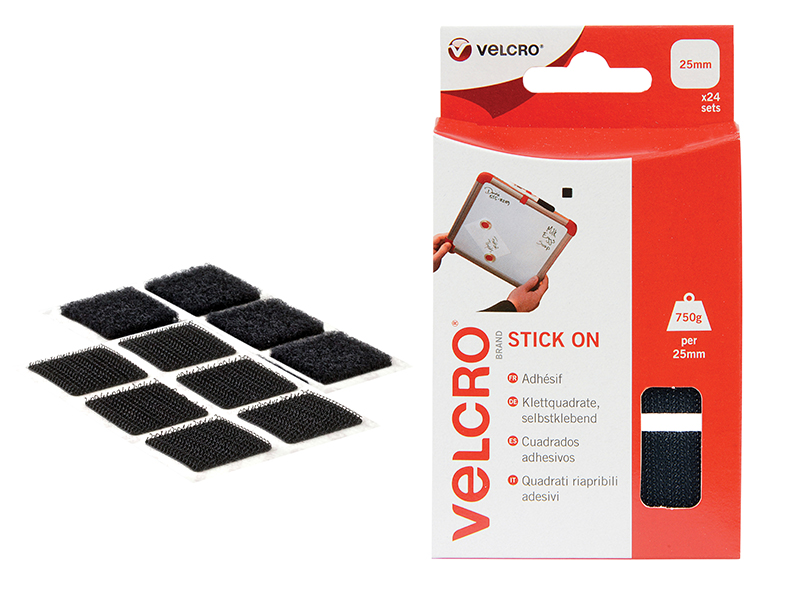 VEL60236 - VELCRO Brand Stick On Squares 25mm Black (Pack 24)