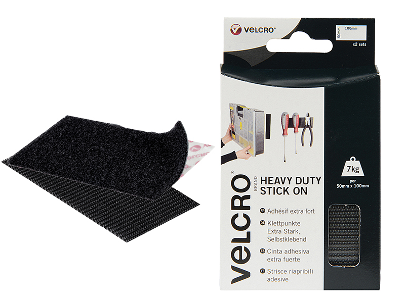 VEL60239 - VELCRO Brand Heavy-Duty Stick On Strips (2) 50 x 100mm Black
