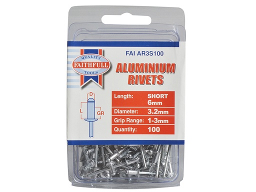 [HIS-170806] FAIAR3S100 - Aluminium Rivets 3.2 x 6mm Short Pre-Pack of 100