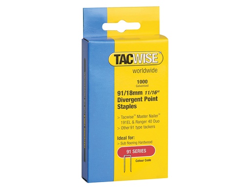 [TAC0287] 91 Narrow Crown Divergent Point Staples 18mm - Electric Tackers Pack 1000