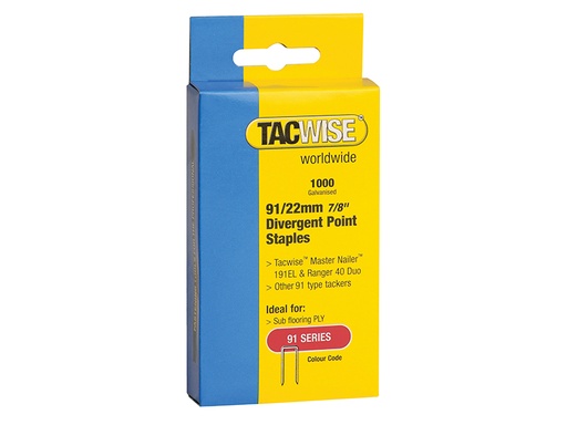 [TAC0288] 91 Narrow Crown Divergent Point Staples 22mm - Electric Tackers Pack 1000