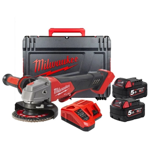 [HIS-210730] Milwaukee M18FSAGV115XPDB-502X - 115mm Variable Speed FIXTEC Braking Angle Grinder with Paddle Switch with 2x 5.0Ah li-ion Batteries, Fast Charger